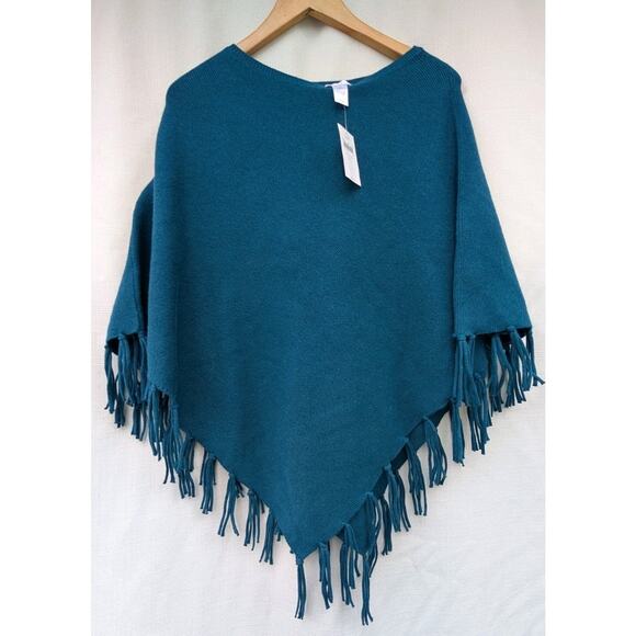J Jill Womens poncho sweater S-L fringe cotton teal blue boho minimalist Tassels - Picture 1 of 4